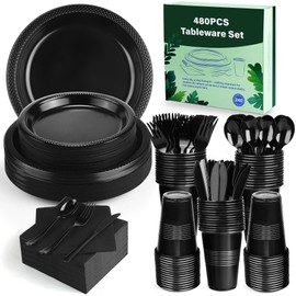 Kochorie 480 Pieces Black Plastic Dinnerware Set for 60 Guests Disposable Party Plates Napkins Cups and Silverware Dessert Dinner Plates for Halloween Birthday Wedding Party Supplies