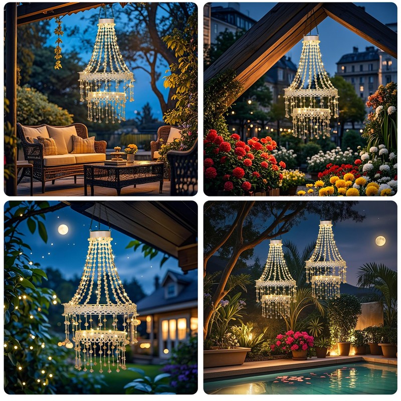 Hanging Solar Light Lantern Outdoor with Warm Crystal Chandelier Double