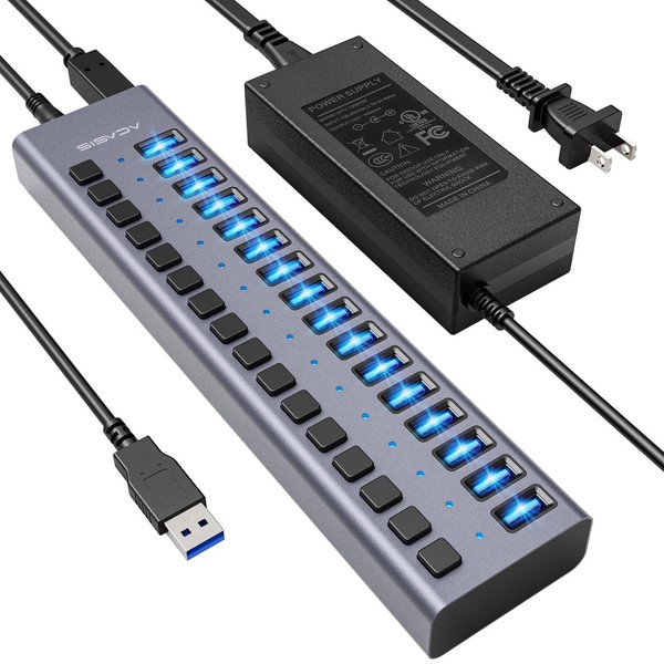 Powered USB Hub - ACASIS 16 Ports 90W USB 3.0 Data Port, Aluminum Housing, Individual On/Off Switches, 12V/7.5A Power Adapter, 5Gbps High Speed, USB 3.0 Hub for Laptop, PC, Computer, Mobile HDD