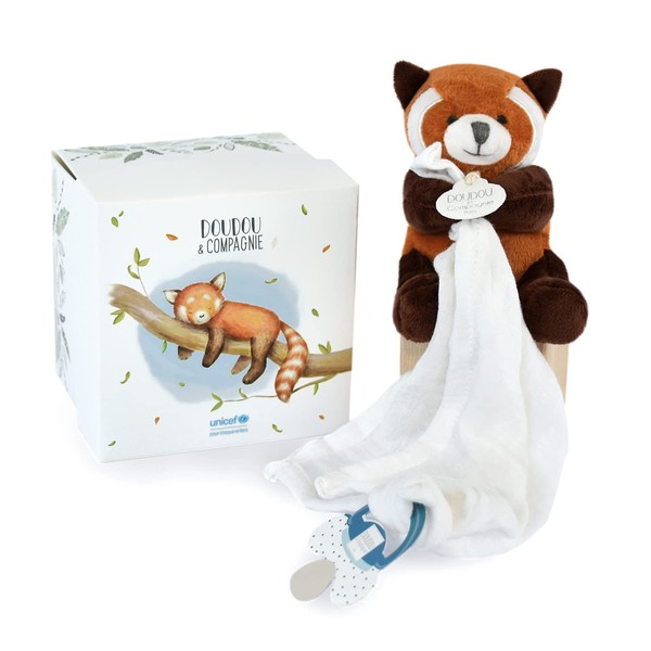 Doudou et Compagnie - Comforter with Clasp - Pacifier Panda Red - 12 cm - Brown - Flower Box - Gift Idea for Birth - Baby & Moi - Unicef DC3982
