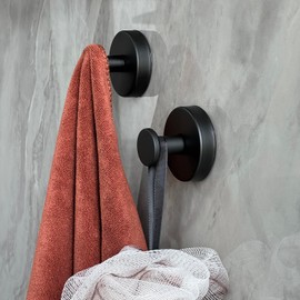 Suction Cup Hooks for Shower, Removable Suction Shower Towel Hooks for Bathroom, Kitchen, Glass, Mirror, Tile - No Drill Wall Hooks for Hanging Robe, Loofah - Waterproof & Rustproof (Black, 2-Pack)