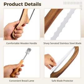 Homaisson Bread Knife for Homemade Bread, 16 Inches Wooden Bread Bow Cutter with Stainless Steel Blade, Serrated Sourdough Slicer, Includes Blade Guard and Storage Bag