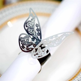 Lavandi 100pcs Napkin Rings 3D New Butterfly Paper Weddings Party Serviette Table Decoration Restaurant Hollow Out Bright Spot Material (Reflective Silver) …