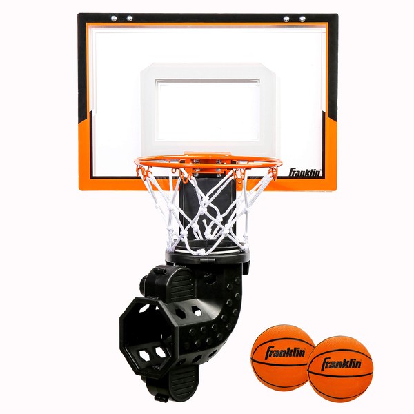 Franklin Sports Over The Door Basketball Hoop with Ball Return - Game Room Ready - Shatter Resistant - 2 Mini Basketballs - Accessories Included, Orange/Black