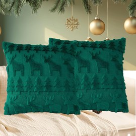 Christmas Pillow Covers 18 x 18 Inch Set of 2 Green Christmas Trees Reindeer Shaped Soft Faux Fur Throw Pillow Covers Xmas Winter Holiday Pillows Decorative Pillow Covers Cushion Cases for Sofa Couch