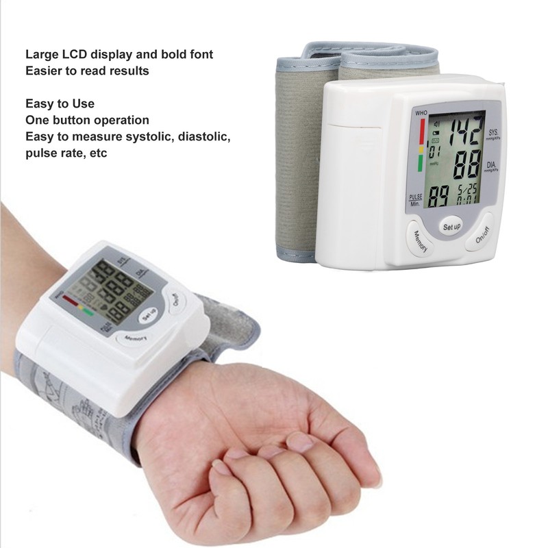 Wrist Blood Pressure Monitor Adjustable Cuff Large LCD Display Digital