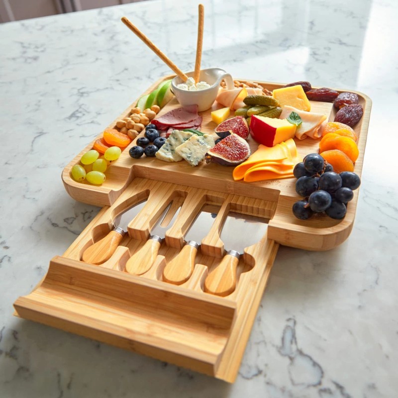 RoyalHouse Bamboo Cheese And Charcuterie Board With Slide Out Knife