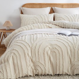 Lanqinglv Beige Bed Linen 200 x 200 cm Boho Tufted Exquisite Handmade Embroidery Geometric Chic Tufted Vintage Duvet Cover Double Bed with Zip and 2 Pillowcases 80 x 80 cm