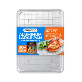 Baking Pan Set - 9" x 13" Aluminum Baking Pan with Stainless Steel Cooling Rack Set, PFOA, PFOS, PTFE Free, Recipe Booklet Included, Oven Safe Tray, Resist Heat Up To 500° F, Set of 2