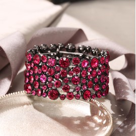 EVER FAITH Women's Jewelry Gifts Rhinestone Crystal Art Deco Hollow-Out Round Elastic Stretch Bracelet for Party Prom Fuchsia Black-Tone