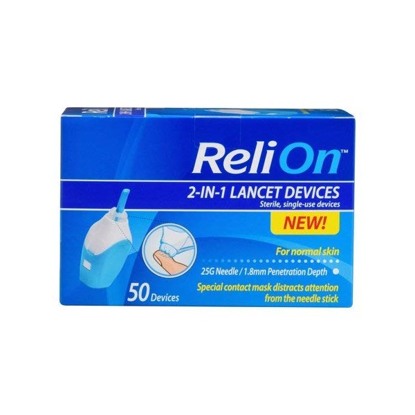 ReliOn - Needle & Lancets for Thin and Delicate Skin – 25 Gauge Needle – Sterile, Single–use Lancet. 1.8mm Penetration Depth. Includes 50 Lancets