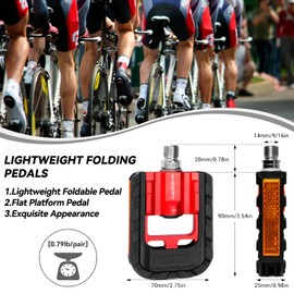 KABON Bicycle Pedal Foldable Non-Slip Bicycle Pedal Set with Reflectors Waterproof Bicycle Pedals Suitable for All Bicycle Types 9/16 Inch (Red)