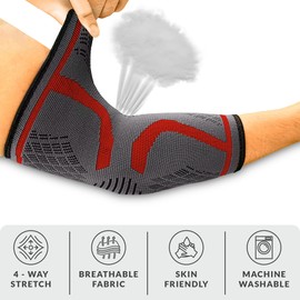 360 RELIEF Elbow Support for Men, Women, Kids, 2 Pack Compression Elbow Sleeve for Tennis, Golfers Elbow, Sports, Fitness, Gym, Weightlifting, Large, Red + Laundry Bag