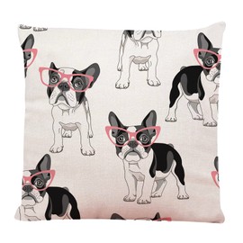Ofocam Throw Pillow Cover Black Frenchie with Cartoon French Bulldog in Pink Glasses on White Dog Funny Decorative Throw Pillow Cushion Case for Home Decor 18 x 18 Inches