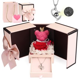Preserved Rose Moss Bear with I Love You 100 Languages Necklace Gifts for Girlfriend,Wife,Mom,Rose Bear Gift Set for Valentines,Mothers Day,Anniversary,Wedding and Thanksgiving