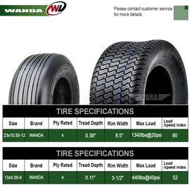 WANDA Set 4 Zero-Turn Lawn Mower Turf Tires 13x5-6 Front & 23x10.5-12 Rear /4PR -13080/13049
