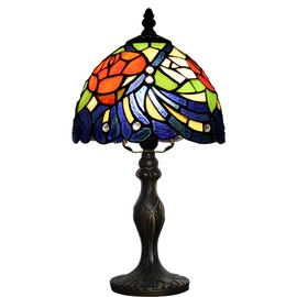 LUSTIX Mini Tiffany Stained Glass Accent Small Table Lamp 8 W x 14.5 H Inches Pink Flower Style Bedside Decorative Memory Lamp (Red Rose)