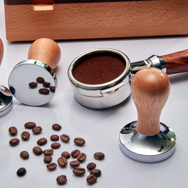 Coffee Tamper 51mm, Flat Base Espresso Coffee Tamper, Wood Handle