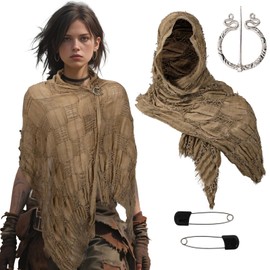 Adult Medieval Hooded Shawl Scarf Renaissance Viking Cowl Cloak Wrap Dune Wasteland Hooded Shawl with Viking Brooch Brown