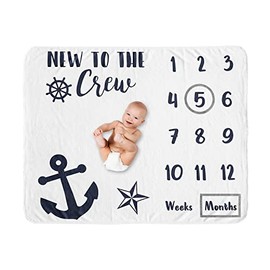 Sweet Jojo Designs Nautical Sailor Boy Girl Milestone Blanket Monthly Newborn First Year Growth Mat Baby Shower Memory Keepsake Gift Picture - Navy Blue White Anchors Ocean Sailboat Sea Gender Neutral