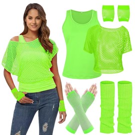Women's Casual 80s Costumes Neon Outfit Accessories Off Shoulder T-Shirt, Fishnet Gloves made in China