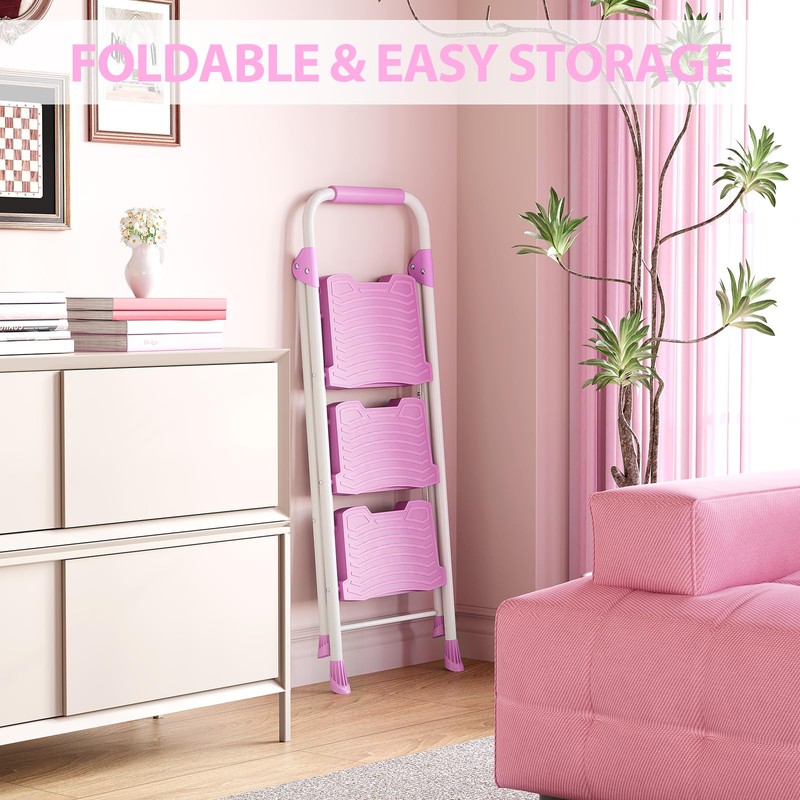 KINGRACK 3 Step Ladder, Sturdy Step Stool with Handrail, Anti-Slip