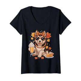 Womens Siberian Husky Dog Bow Girls Fall Autumn Leaves Thanksgiving V-Neck T-Shirt