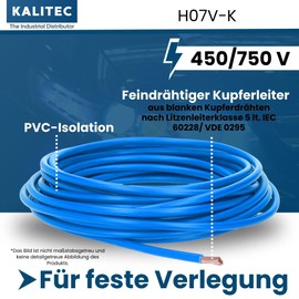 Kalitec 10 Metres H07V-K 2.5 mm² Blue Wiring Cable I Flexible PVC Single Core I Stranded 2.5 mm² I Fine-Strand Wiring I Single Cable I Cable I Switch Wire