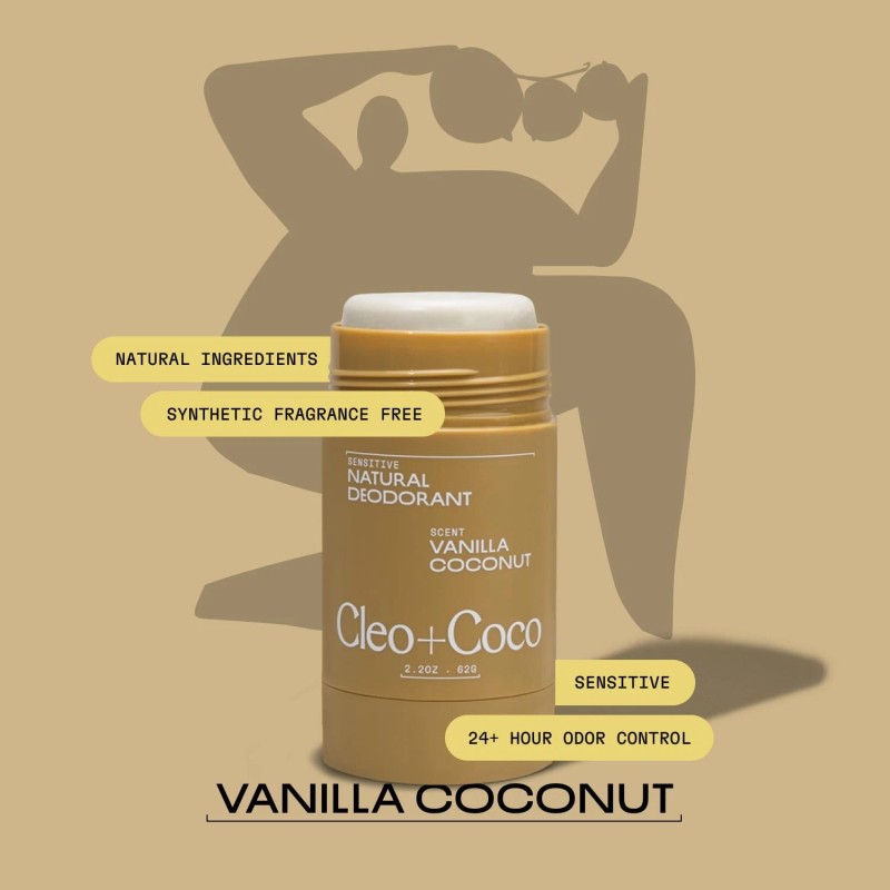 Cleo+Coco Sensitive Deodorant Balm, Vanilla Coconut (2-Pack, 2.2 oz Each),