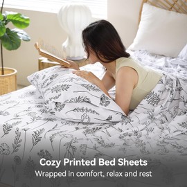 Whitney Home Textile Black Herbs Ferns Printed King Sheet Set - Soft Boho Botanical Rustic Pattern Bed Sheets, Microfiber Bedding & Pillowcases, Oeko-Tex, Wrinkle Free, 4 Piece (King Size)