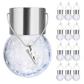 12-Pack Hanging Solar Lights Outdoor,Decorative Cracked Glass Ball Light,Solar Powered Waterproof Globe Lighting with Handle for Garden,Yard,Patio,Tree,Holiday Decoration(Cool White)