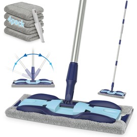 MEXERRIS Microfiber Floor Mop for Hardwood Laminate Tile Floor Cleaning: Stainless Steel Handle - 4 Reusable Flat Mop Refills and 1 Dirt Removal Scrubber Included - Dry Dust Mop Commercial Home Use