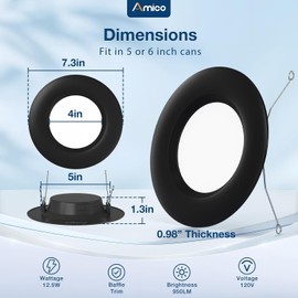 Amico 6 Inch Retrofit LED Recessed Lighting 1 Pack, Black LED Can Lights with Baffle Trim, Selectable 2700K/3000K/4000K/5000K/6000K, 12.5W=100W, 950LM, Dimmable, IC & Damp Rated, ETL & FCC Certified