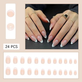 White French Tips Press on Nails Long Almond Fake Nails Nude False Nails with French Tips Design Stick on Nails for Women Girls Simple Manicure Decoration 24Pcs