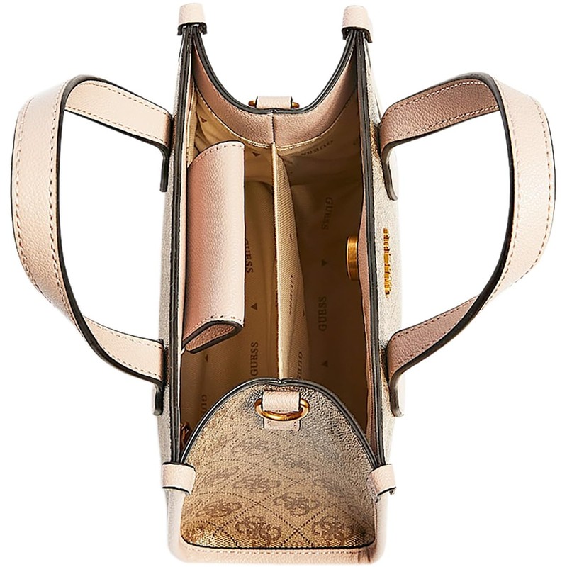GUESS Womens Silvana Crossbody, Mini Tote, Top Handle, Latte Logo/Rosewood