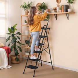 JungleA Step Ladder 5 Step Folding with Tool Tray, Wide Non-Slip Pedal, Safety Handrail and Sturdy Steel Construction Step Stool, 330 lbs Portable Ladders for Home, Attic, Office & Garage, Black