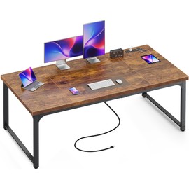 Huuger 63 x 31.5 inch Desk with Power Outlets & USB-C, 1.2 Inch Thicker Desktop, Robust Metal Tubes, Deep Computer Desk, Heavy Duty Office Desk, for Home Office, Rustic Brown