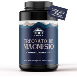 Treonato de Magnesio 500 mg + Colágeno Hidrolizado & BCAA | Suplemento Alimenticio Sin Azúcar | 60 Cápsulas | Mejora Memoria, Enfoque y Músculos | TIBET NATURA