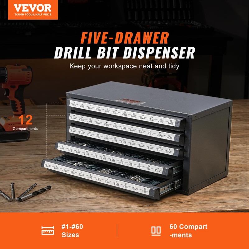 VEVOR Drill Bit Dispenser Cabinet, Five-Drawer Drill Bit Dispenser, 60-Compartment