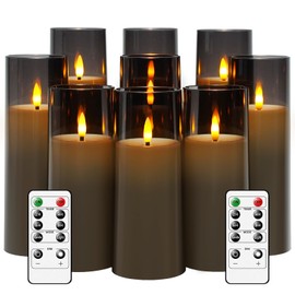kakoya Flickering Flameless Candles Battery Operated with Remote and 2/4/6/8 H Timer Plexiglass Led Pillar Candles Pack of 9 (D2.3 xH 6" 7" 8") with Realistic Moving Wick Candles for Home Decor(Grey)