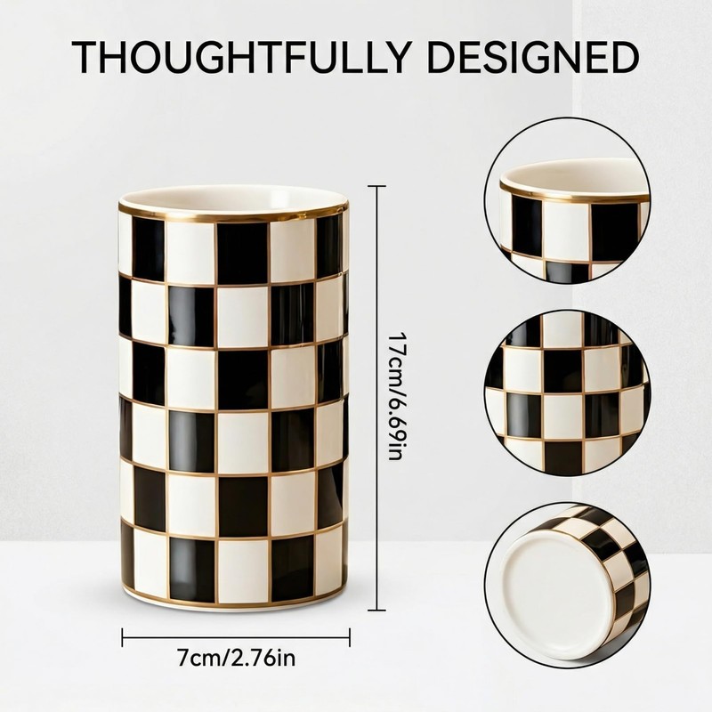 Checkered Ceramic Toothbrush Holder, Cute & Durable for Bathroom, Ideal