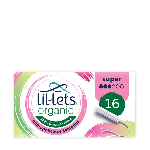 Lil-Lets Organic Non-Applicator Super Tampons, 16 Count (Pack of 1), for Medium to Heavy Flow, Made with 100% Organic Cotton, GOTS Certified, Vegan Organic Tampons, Plastic Free Period Care