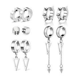 5 Pairs Silver Stainless Steel Non-Piercing Spike Rivet Geometric Triangle Dangle Tassel Clip on Hoop Earrings Set for Women Men, Non Pierced Fake Ear Clip Stud Earrings