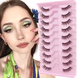 Oreola False Eyelashes Half Lashes Fluffy Cat Eye Natural Faux Mink Eyelashes Corner 3/4 Lashes Wispy Lightweight Short Reusable Fake Lashes 10 Pairs