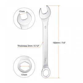 uxcell Thin Combination Wrench with Offset 6-Point End and Angled Open End, Metric Mirror-Chrome Plated High Carbon Steel, for Household Repairs, 17mm