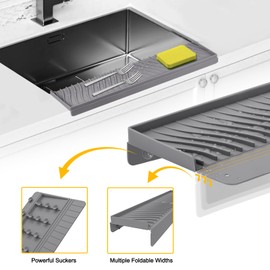 TIKNIK 4" x 20" Silicone Sink Edge Protector, Sloped Recessed Drainage Design Kitchen Sink Splash Guard with Suction Cup, DIY Adjustable Splash Guard for Stainless Steel/Granite/Quartz (Grey)