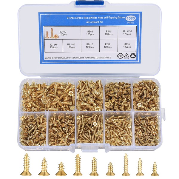 1080 Pcs Small Wood Screws Assortment Kit, M2/M2.5/M3 Cross Head