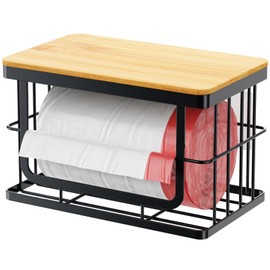 iSPECLE Garbage Bag Holder - 1 Pack Trash Bag Holder with Bamboo Top for 13 Gallon Garbage Bag, Pull Out One Bag at A Time, Easy to Install, Trash Bag Dispenser for Kitchen Bathroom, Small