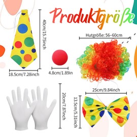 SIWOKJJO Pack of 5 Clown Costume Accessories, Rainbow Wig, Clown, Curl Wig, Clown Nose, Bow Tie, Gloves, Clown Costume Accessory for Men and Women Carnival