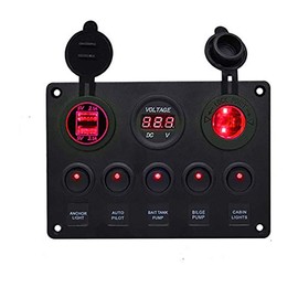 5 Gang Rocker Switch Panel 12V Waterproof for RV Boat Car Vehicles Truck Marine, Toggle Led Switch Panel Digital Voltmeter Display Dual USB Charger Port DC